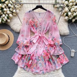Casual Dresses Elegant Sexy Print V-neck Long Sleeves Bandages Slip Dress Fairy A-line Summer Beach Vacation Slim Women Evening Party