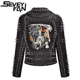 SEVEYFAN Rivet Death Patch PU Leather Punk Rock Jackets Slim Motocycle 3D Sketelon Pattern Outwear with Belt Male Female 240112