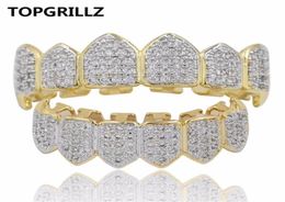 TOPGRILLZ Hip Hop GRILLZ Iced Out Zircon Fang Mouth Teeth Grillz Caps Top Bottom Grill Set Men Women Vampire Grills7878489