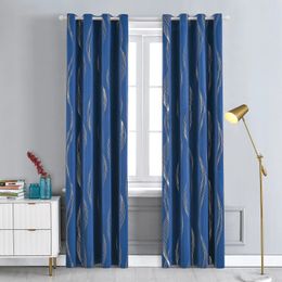 Thermal Insulated Blackout Curtain for Bedroom with Silver Print Wave Striped Pattern Black Out Drapes Light Blocking Panels 240111