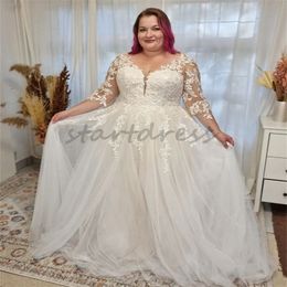 Plus Size Bohemian Wedding Dress 2024 With Sleeves Sexy V Neck A Line Tulle Large Boho Bridal Gowns Elegant Lace Robe De Mariee Classy Vestios De Novias Abendkleider