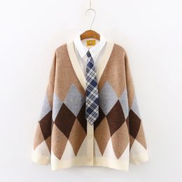 Sweet Diamond Check Women's Knitted Sweater Loose Cardigan Long Sleeve Spring V-Neck Sweaters Cute Girls 240111