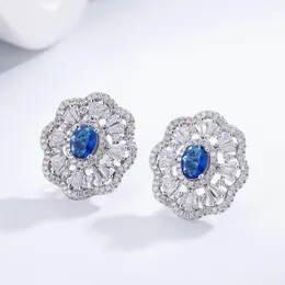 Stud Earrings Real S925 Silver Pattern Women 5 7mm Blue Diamond Female High Carbon Zircon Original Design Luxury Jewelry
