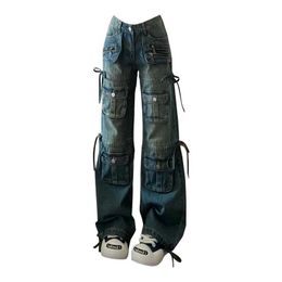 Women's Jeans Pants Capris Women BF Style Y2k Streetwear Haruku Baggy Multi-pocket Blue Denim Cargo Low Waisted Wide Leg 2000s Aesthetic Kpop