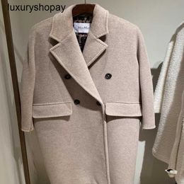 Maxmaras Womens Cashmere Coats Wrap Coat Camel Hair Wool 23fw New Ethel Pocket Lapel Long Sleeved Plush Medium Length Woollen Coat Jacket for Women