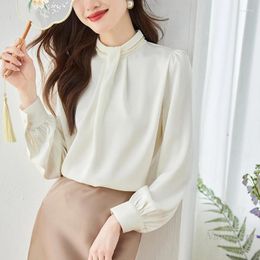Women's Blouses Korean Fashion Long Sleeves Shirt For Women Temperament 2024 Spring Autumn Chic Beautiful Chiffon Top Beaded Collar Blouse