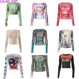 Women's T Shirts Goth Sexy Lace Mesh See Through T-shirts Aesthetic Graphic Long Sleeve Colorful Printed Crop Tops Women Summer Tees