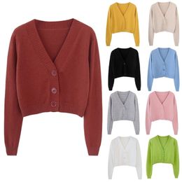 Women Autumn Long Sleeve Sweater Cardigan Sexy V-Neck Button Down Cropped Jacket Sweet Solid Candy Color Loose Knitted Outwear C 240111