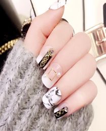 24Pcs Fake Nails Fashion Nail Art Patch White Marble Gold Accessories Hit Color Group Case9823311