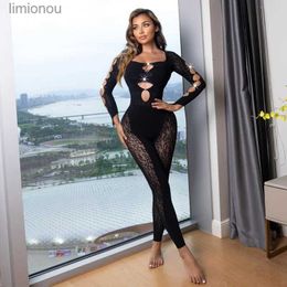 Women's Jumpsuits Rompers Hollow Out Mesh Jumpsuit Women Sexy Rhine Buttons See Through O Neck Long Sleeve Skinny Overalls Lace Embroidery RompersL240111