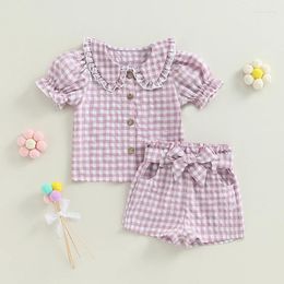 Clothing Sets 2-6Y Kids Girls Plaid Shorts Outfits Baby Short Sleeve Doll Collar Shirts Pants With Belt Children Summer Clothes