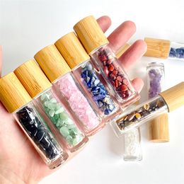 Essential Oil Diffuser Clear Glass Roll on Perfume Bottles with Crushed Natural Crystal Quartz Stone Crystal Roller Ball Bamboo