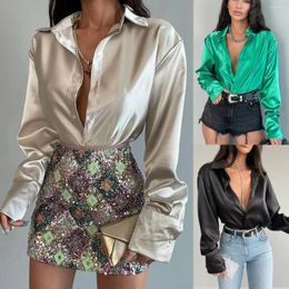 Women's Blouses 2024 Spring Minimalist Lapel Satin Single Breasted Female Long Sleeved Shirt Sexy Professional Blouse