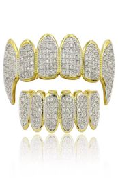 Top Quality 18K Gold Silver Colour Hip Hop Rapper Grillz Luxury Glaring Zircon Diamond Teeth Top and Bottom Grills for Men Women8475280