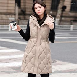 Women's Vests Hooded Down Cotton Waistcoat Winter Parkas Women Warm Thicken Cotton-Padded Vest Jacket Drawstring Sleeveless Long Tank Coat