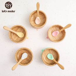 Let's Make Baby Feeding Tableware Set Natural Bamboo Bowl With Silicone Suction Cup A Free Spoon Antiscalding Kids 240111