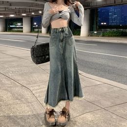 Womens Retro Blue Denim Skirt High Waisted Thin A Line Long Jeans Female Korean Version 240112