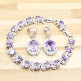 Necklace Earrings Set Sterling Silver Colorcolor Women Bracelet Purple White Cubic Zirconia Wedding Jewellery Gift Box