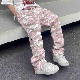 Men's Pants Harajuku Camou Cargo Pants for Women Hip hop Zipper lti-poet Pink Camouflage Micro Flared Pants Men Y2k Slim Fit Cloingyolq