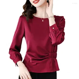 Women's Blouses Elegant Fashion Satin White Shirt Long Sleeved Women Blouse Solid Colour Slim Waist Casual Pullovers Tops