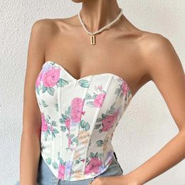 Women's Tanks Sexy Low Cut Vintage Flower Wrapped Chest Top Women Fashion Summer Backless Fishbone Wrap Short Vest Sleevele Tees