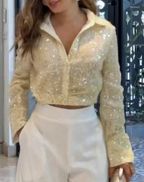 Women's Blouses Elegant Shirt Fashion Street Allover Sequin Long Sleeve Crop Top Turn-Down Collar Plain Short Y2K Tops