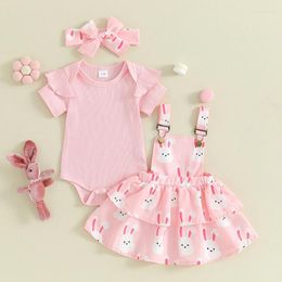 Clothing Sets Baby Girls Cute Easter Outfit Short Sleeve Rompers And Floral Suspenders Skirt Headband Summer Clothes Set