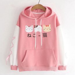 Harajuku Kawaii Hoodie Cat Ear Women Print Graphic Japanese Clothes Lolita Cute Cartoon Cat Ribbon Sweatshirt Teen Girl Pullover 240112