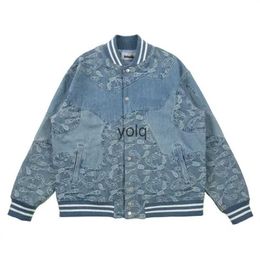 Men's Jackets Hip Hop Cashew Paisley Flower Patchwork Denim Casual Loose Jaet Men and Women's Cotton Bomber Spliced Jaetyolq