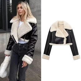 TRAF Cropped Leather Jacket Women Black Wool Blends Coats Bomber Tweed Jacket Autumn Winter Leather and Fur Crop Jacket Woman 240111