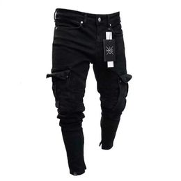 Mens Stretch Jeans Black Big Side Pockets Cargo Fashion Zipper Small Foot Denim Pants Elastic Jogging Trousers Streetwear 240112