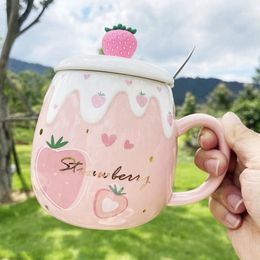 Mugs Relief Strawberry Ceramic Cup Creative And Cute Internet Celebrity Ice Cream Gift Water Spoon With Lid Mug