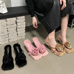 Slippers 2024 Autumn Fairy Style Plush Shoes Women's Slim Heel Sandals Belt High Open Toe Fashion