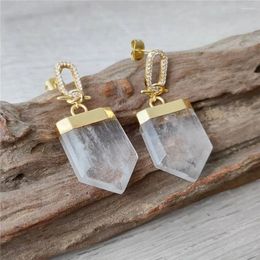 Dangle Earrings FUWO Handcrafted Cubic Zircon Clear Quartz Golden Plated Natural White Crystal Jewellery For Women ER211CZ 5Pairs/Lot