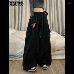 Women's Pants Streetwear Hip Hop Girl Vintage Big Pocket Oversized Baggy Cargo Femme Elastic Waist Straight Wide Leg Trousers For Female