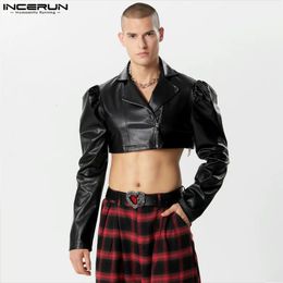 INCERUN Tops Locomotive Wind Men's Bubble Sleeves Cropped PU Leather Jackets Coats Fashion Solid Long Sleeve Jackets S-5XL 240112