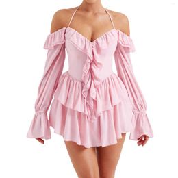 Casual Dresses Women's Off-Shoulder Halter Tied Mini Dress Solid Color Puff Long Sleeve Ruffled V Neck Layered A-Line For Party Office