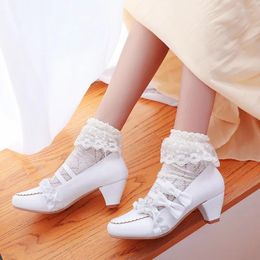 Dress Shoes YQBTDL Summer Ladies Mary Jane White Pink Party Bride High Heels Pumps Ruffles Bow Knot Cosplay Princess Lolita 43