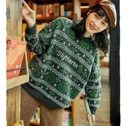 Jacquard round neck pullover sweater couple winter thickening loose retro fashion casual college style top 240112