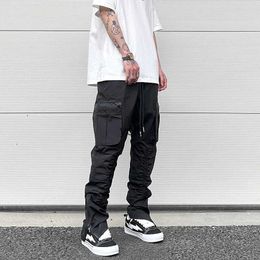 Men's Jeans Harajuku Bla Tapered Pants for Mens Functional Rubber Band Pleated Waterproof Zipper Casual Pants Nylon Men's Jogging Pantyolq