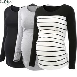 Liu Qu 3PCS Women Maternity Tops Long Sleeve Pregnancy TShirt Round Neck Flattering Side Ruched Shirt Clothes Casual 240111