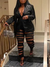 Plus Size CutOut Blazer Pants Set Sexy Street Solid Hollowed Out Turnback Collar Two Piece Patchwork Long Sleeve Matching Suit 240111