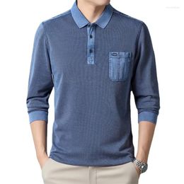 Men's Polos Autumn/Winter Solid Color Versatile Long Sleeve POLO Shirt Underlay Old Denim Texture