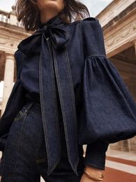 Lantern Sleeve Bow Shirt Women Denim Pleated Blouses Female Wears 2024 Spring Ladies Fashion High Neck Shirts Tops 240112