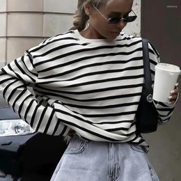 Women's T Shirts 2024 Women Spring Striped Cotton O-Neck Long Sleeve Black White Colour Oversized Tees Tops For Clothes