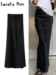 Fashion Satin Black Long Skirt For Women Y2K Spring High Waist Hip Package Skirts Female Casual Loose Streetwear 240112