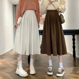 Biyaby Korean Style High Waist Long Skirt Women College Corduroy Pleated Skirts Woman Autumn Streetwear Midi 240112