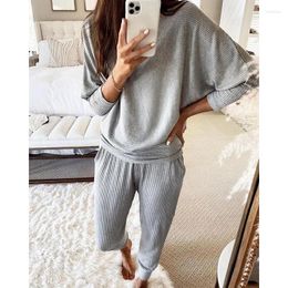 Women's Two Piece Pants Autumn Women's Tracksuit Suite Batwing Sleeve O-neck Top Suits Female Solid Black Loose Fashion Casual Set