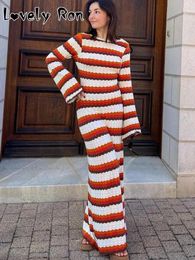 Casual Dresses Fashion Knitted Crochet Stripe Maxi Dress Women Elegant Horn Sleeve Beach Female Holiday Evening Party Chic Long