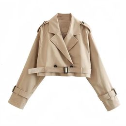 Khaki Womens Casual Lapel Double Breasted Trench Jacket Autumn Winter Fashion Cropped Pea Coat Outwear With Belt 240112